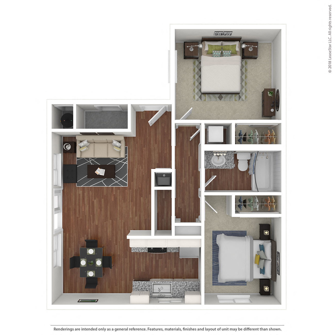 Floor plan for 2 beds, 1 bath, 794 sqft
